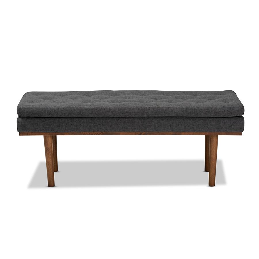 Arne Mid-Century Modern Dark Grey Fabric Upholstered Walnut Finished Bench. Picture 2