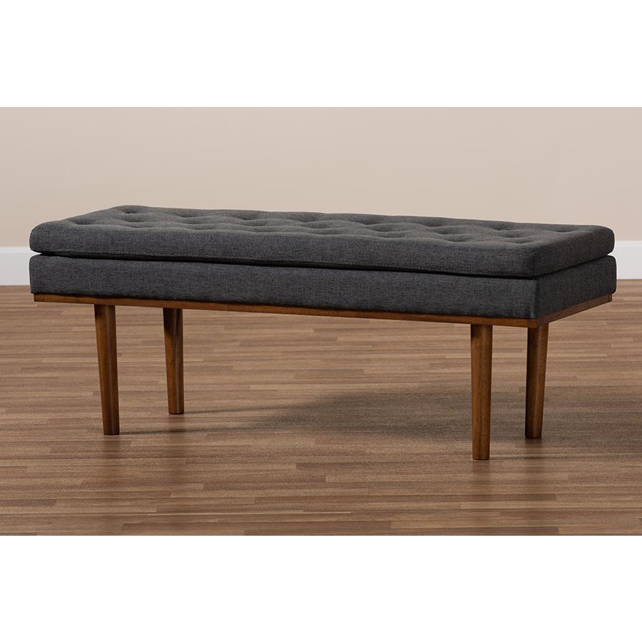 Arne Mid-Century Modern Dark Grey Fabric Upholstered Walnut Finished Bench. Picture 7