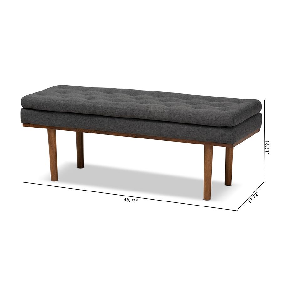 Arne Mid-Century Modern Dark Grey Fabric Upholstered Walnut Finished Bench. Picture 8