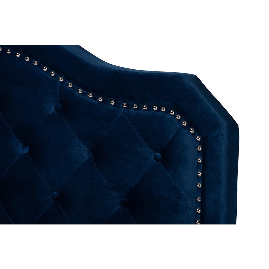 Navy Blue Velvet Fabric Upholstered Queen Size Button Tufted Bed. Picture 4