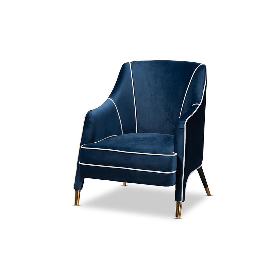 Baxton Studio Ainslie Glam and Luxe Navy Blue Velvet Fabric Upholstered Gold Finished Armchair. The main picture.