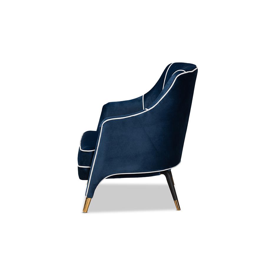 Baxton Studio Ainslie Glam and Luxe Navy Blue Velvet Fabric Upholstered Gold Finished Armchair. Picture 4