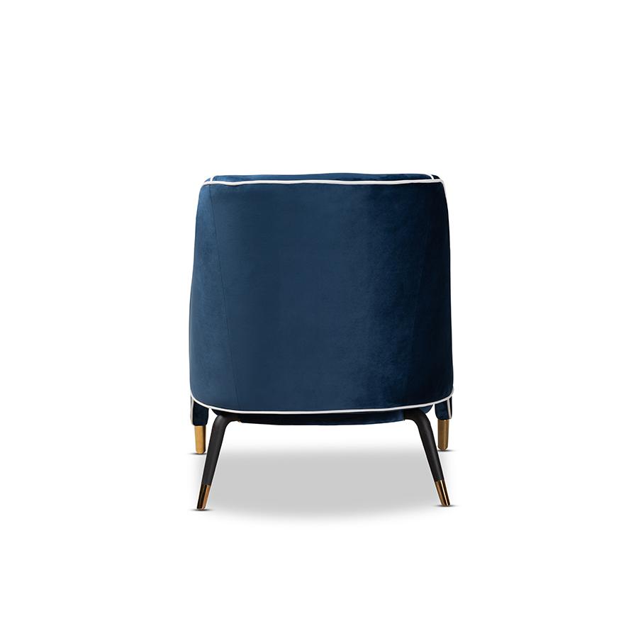 Baxton Studio Ainslie Glam and Luxe Navy Blue Velvet Fabric Upholstered Gold Finished Armchair. Picture 5