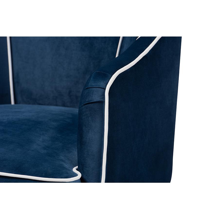 Baxton Studio Ainslie Glam and Luxe Navy Blue Velvet Fabric Upholstered Gold Finished Armchair. Picture 6