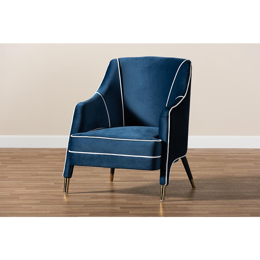 Baxton Studio Ainslie Glam and Luxe Navy Blue Velvet Fabric Upholstered Gold Finished Armchair. Picture 9