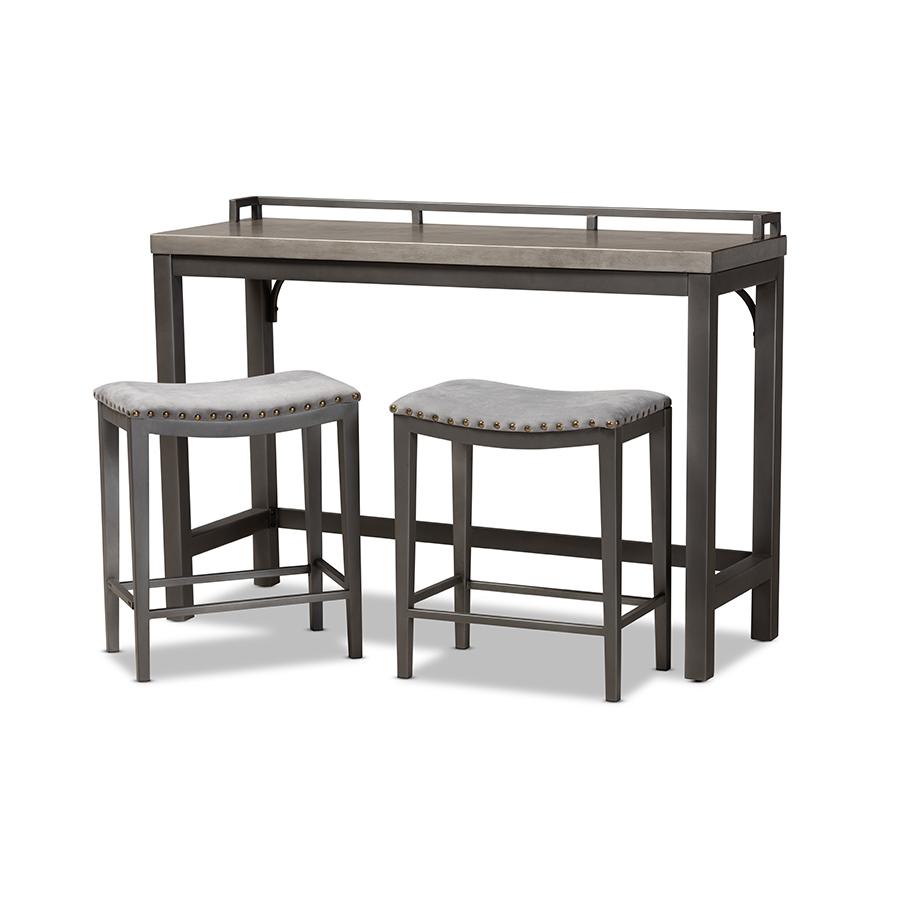 Grey Fabric Upholstered 3-Piece Multipurpose Metal Counter Table Set. Picture 1