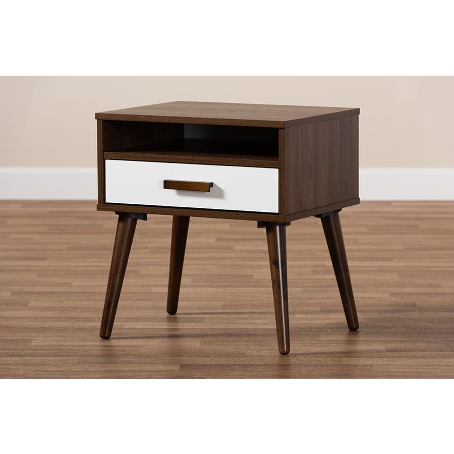 Two-Tone White and Walnut Finished 1-Drawer Wood End Table. Picture 8