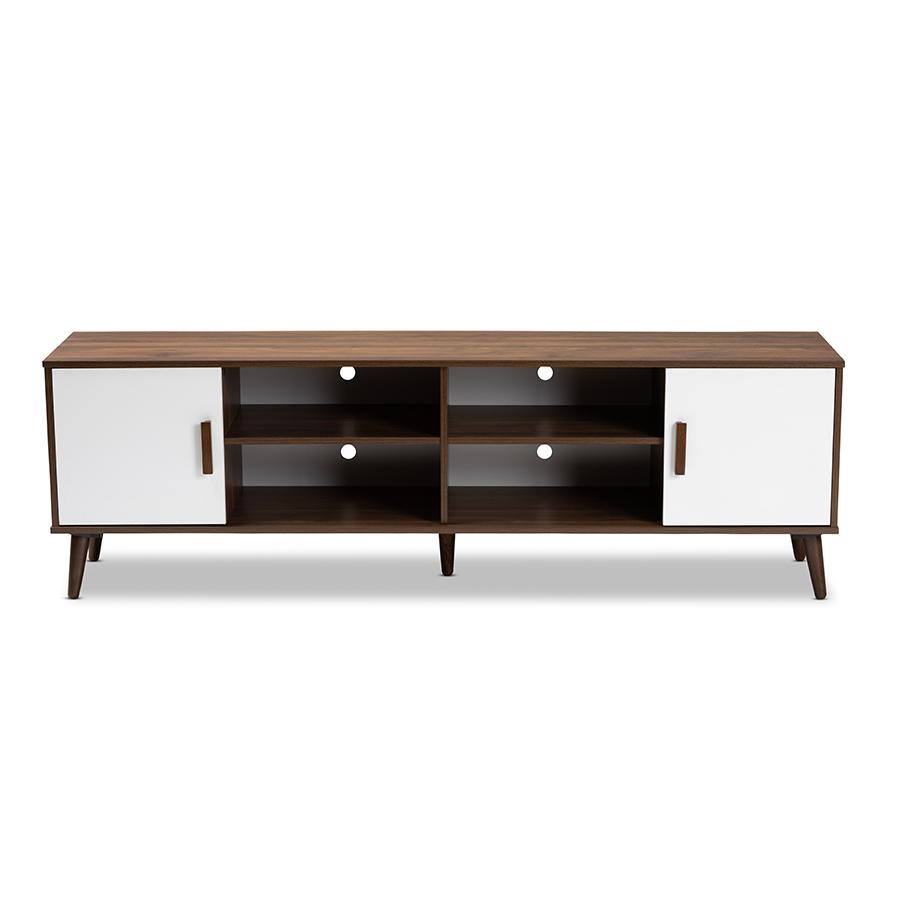 Quinn Mid-Century Modern Two-Tone White and Walnut Finished 2-Door Wood TV Stand. Picture 3