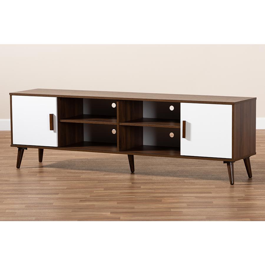 Quinn Mid-Century Modern Two-Tone White and Walnut Finished 2-Door Wood TV Stand. Picture 8
