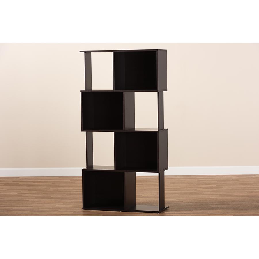 Riva Modern and Contemporary Dark Brown Finished Geometric Wood Bookshelf. Picture 5