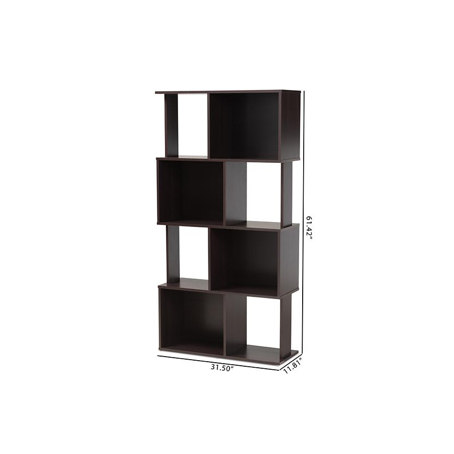 Riva Modern and Contemporary Dark Brown Finished Geometric Wood Bookshelf. Picture 6