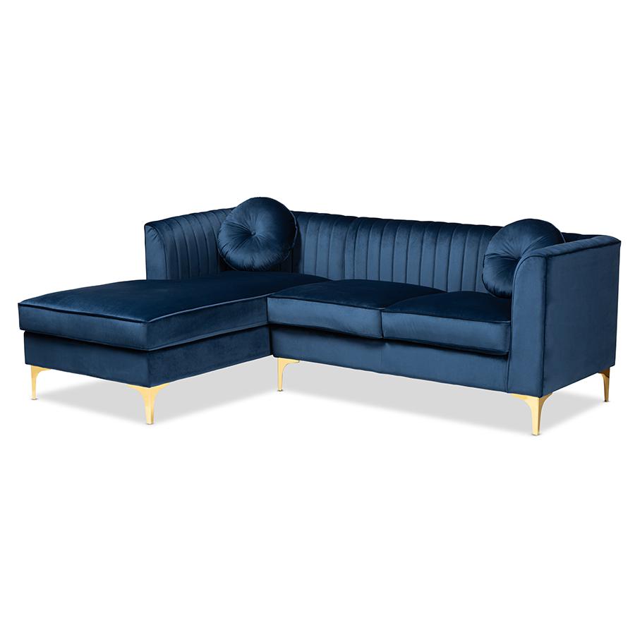 Baxton Studio Giselle Glam and Luxe Navy Blue Velvet Fabric Upholstered Mirrored Gold Finished Left Facing Sectional Sofa with Chaise. Picture 1