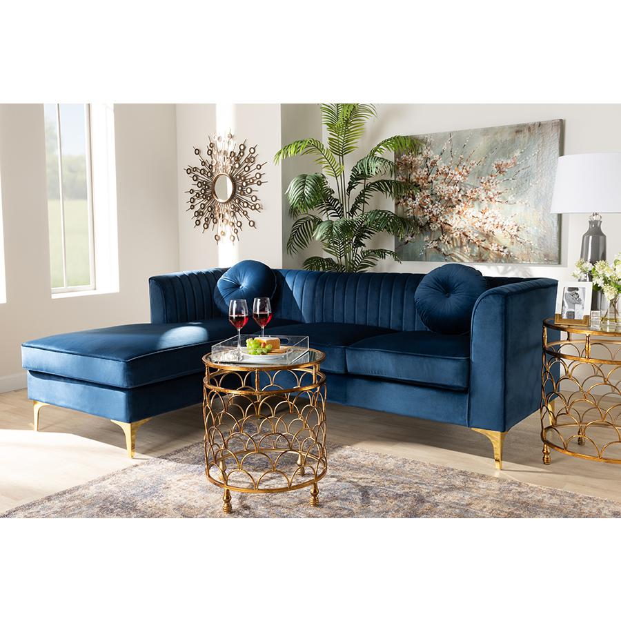 Baxton Studio Giselle Glam and Luxe Navy Blue Velvet Fabric Upholstered Mirrored Gold Finished Left Facing Sectional Sofa with Chaise. Picture 2