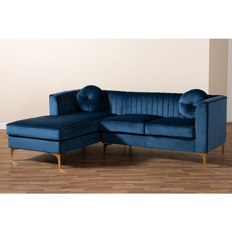 Baxton Studio Giselle Glam and Luxe Navy Blue Velvet Fabric Upholstered Mirrored Gold Finished Left Facing Sectional Sofa with Chaise. Picture 6
