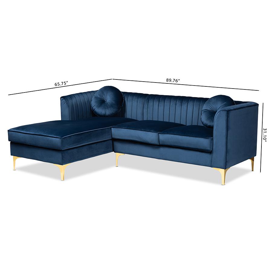 Baxton Studio Giselle Glam and Luxe Navy Blue Velvet Fabric Upholstered Mirrored Gold Finished Left Facing Sectional Sofa with Chaise. Picture 7