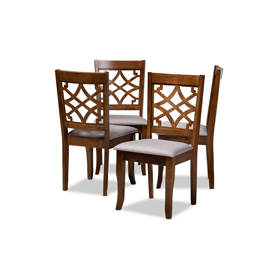 Grey Fabric Upholstered Walnut Brown Finished Wood 4-Piece Dining Chair Set. Picture 1
