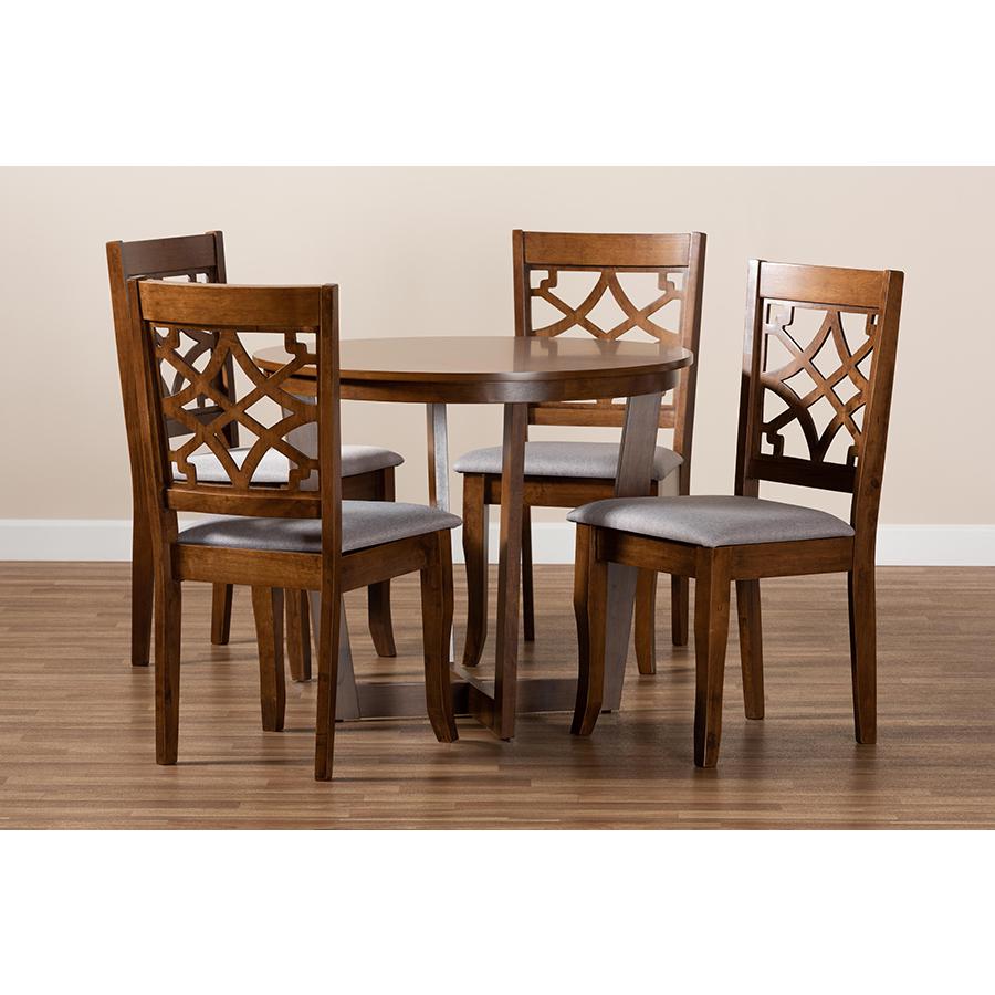 Grey Fabric Upholstered and Walnut Brown Finished Wood 5-Piece Dining Set. Picture 7