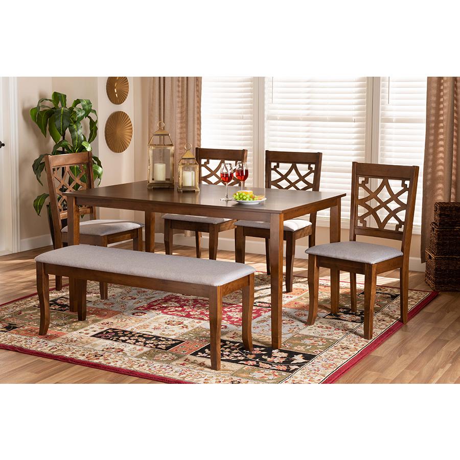 Grey Fabric Upholstered and Walnut Brown Finished Wood 6-Piece Dining Set. Picture 7
