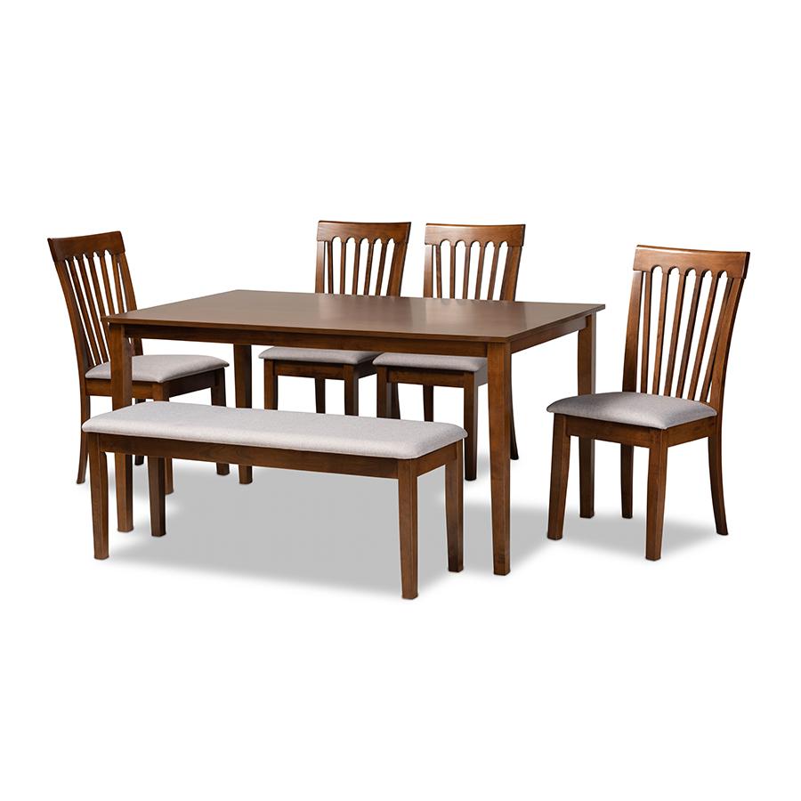 Grey Fabric Upholstered and Walnut Brown Finished Wood 6-Piece Dining Set. Picture 1