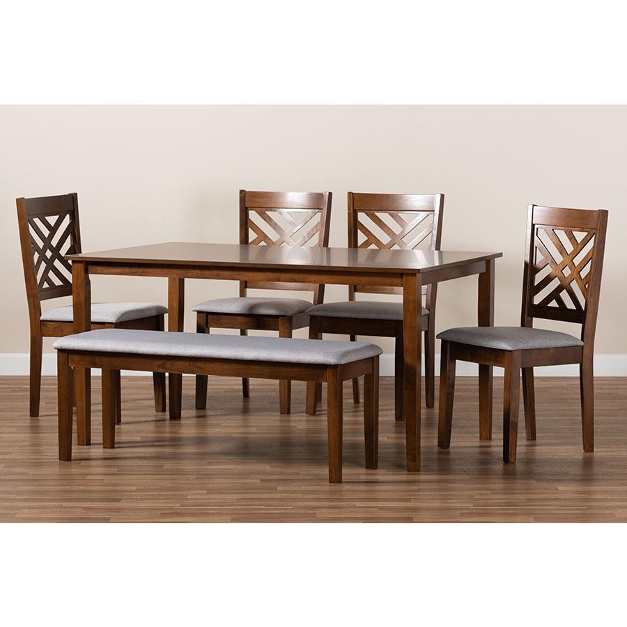 Grey Fabric Upholstered and Walnut Brown Finished Wood 6-Piece Dining Set. Picture 9