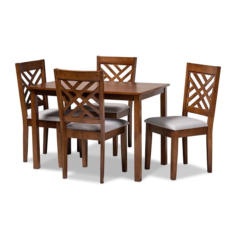 Baxton Studio Caron Modern and Contemporary Grey Fabric Upholstered Walnut Brown Finished Wood 5-Piece Dining Set. The main picture.