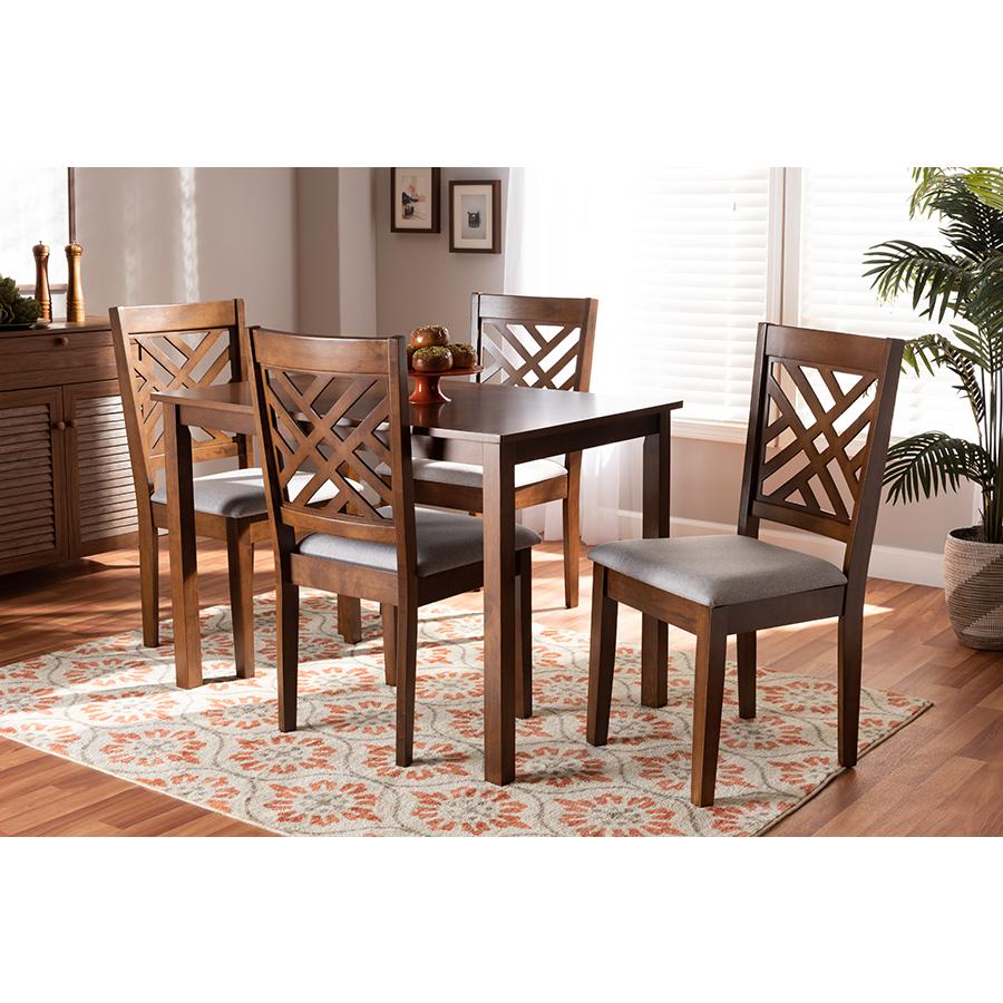 Baxton Studio Caron Modern and Contemporary Grey Fabric Upholstered Walnut Brown Finished Wood 5-Piece Dining Set. Picture 7