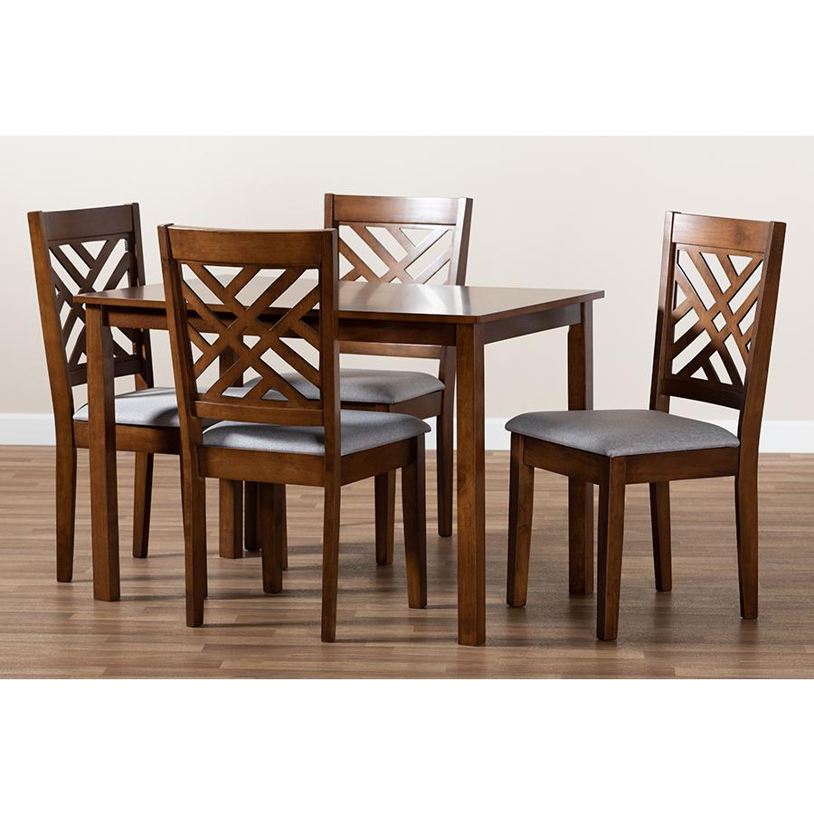 Baxton Studio Caron Modern and Contemporary Grey Fabric Upholstered Walnut Brown Finished Wood 5-Piece Dining Set. Picture 8