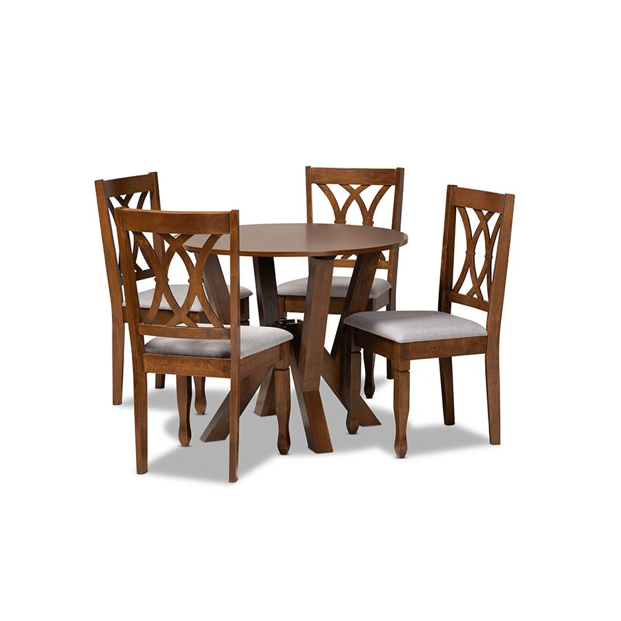 Irene Modern and Contemporary Grey Fabric Upholstered and Walnut Brown Finished Wood 5-Piece Dining Set. The main picture.