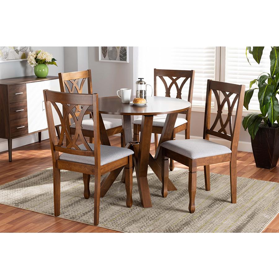 Irene Modern and Contemporary Grey Fabric Upholstered and Walnut Brown Finished Wood 5-Piece Dining Set. Picture 7