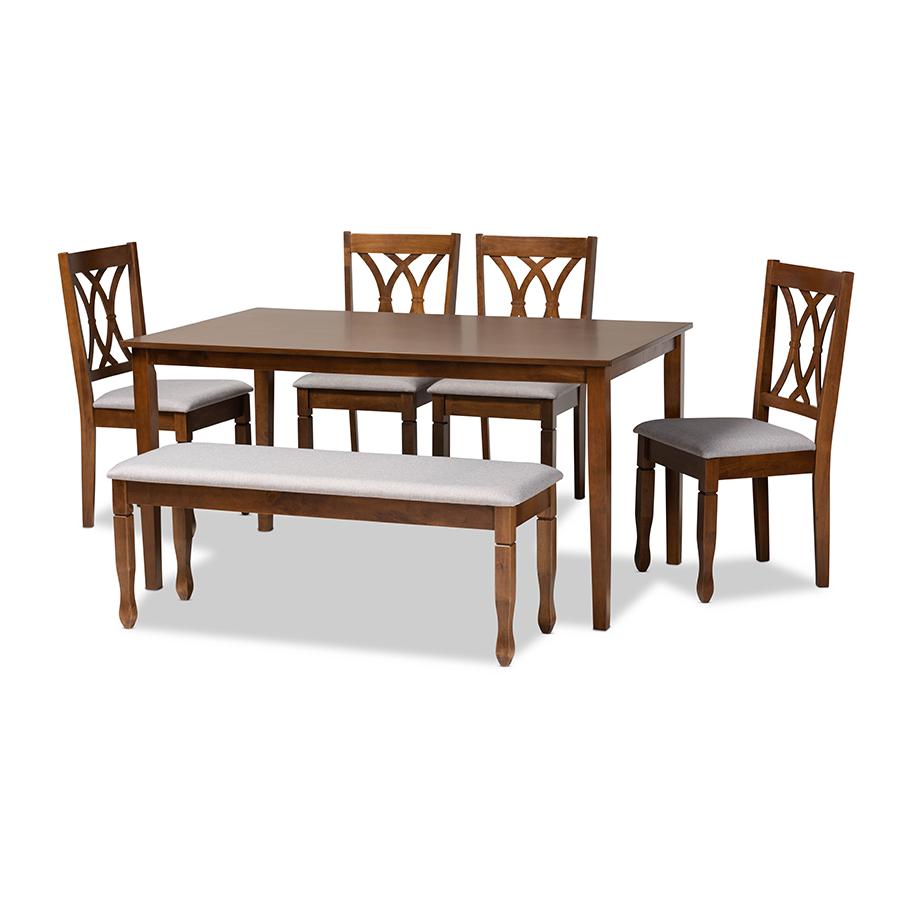Grey Fabric Upholstered and Walnut Brown Finished Wood 6-Piece Dining Set. Picture 1