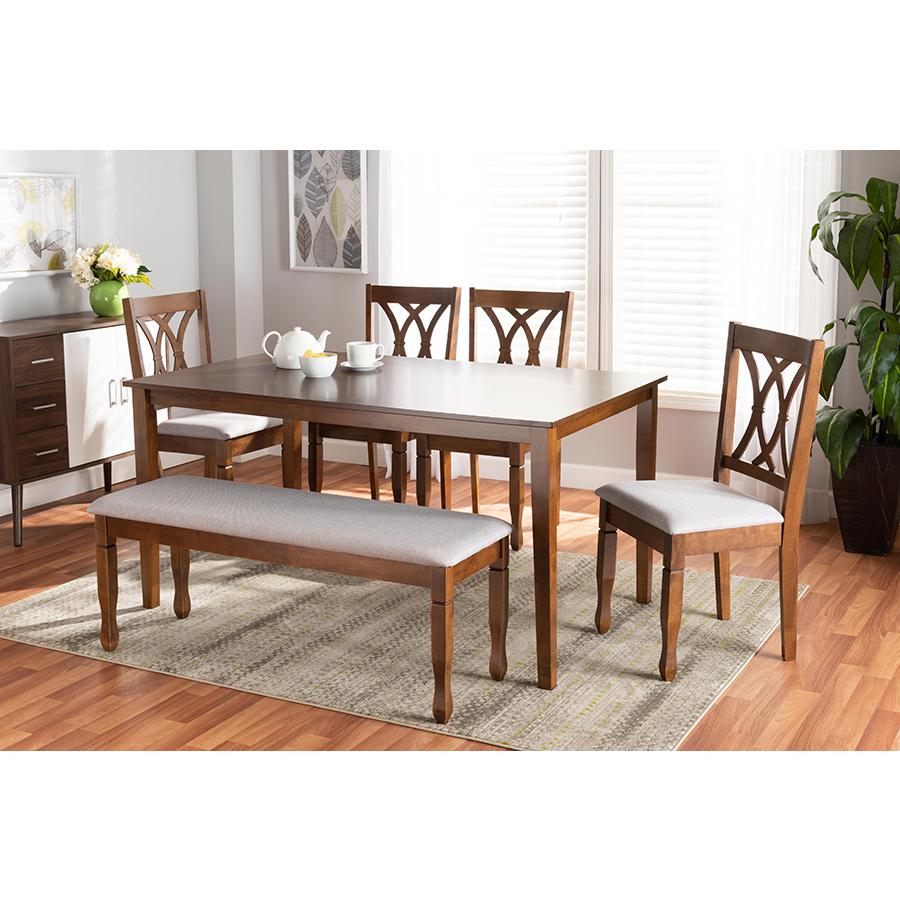 Grey Fabric Upholstered and Walnut Brown Finished Wood 6-Piece Dining Set. Picture 8