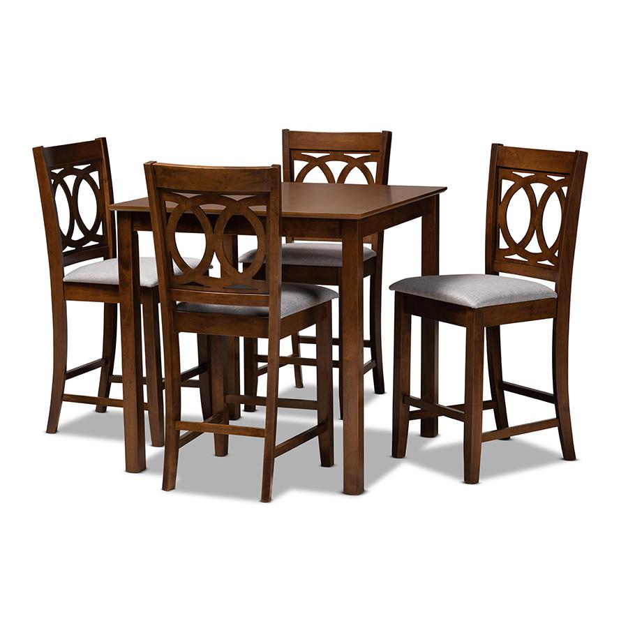 Grey Fabric Upholstered Walnut Brown Finished 5-Piece Wood Pub Set. Picture 1