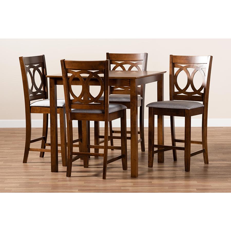 Grey Fabric Upholstered Walnut Brown Finished 5-Piece Wood Pub Set. Picture 8