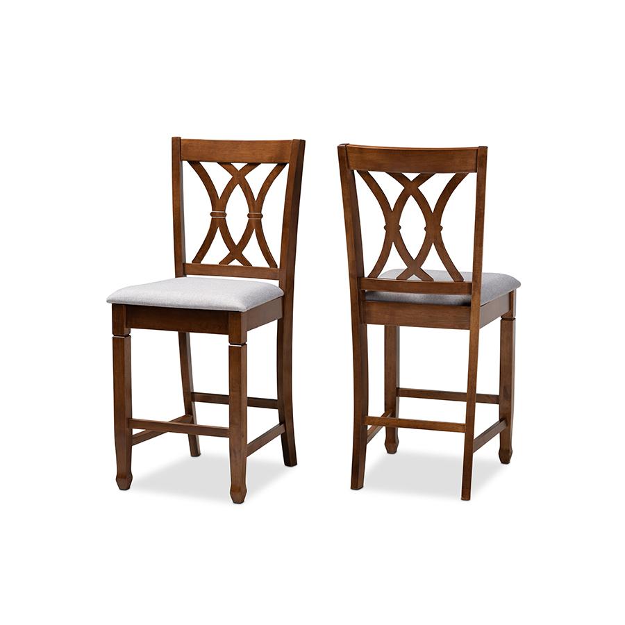 Baxton Studio Reneau Modern and Contemporary Grey Fabric Upholstered Walnut Brown Finished 2-Piece Wood Counter Height Pub Chair Set  Set. Picture 1