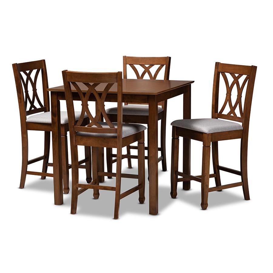 Grey Fabric Upholstered Walnut Brown Finished 5-Piece Wood Pub Set. Picture 1