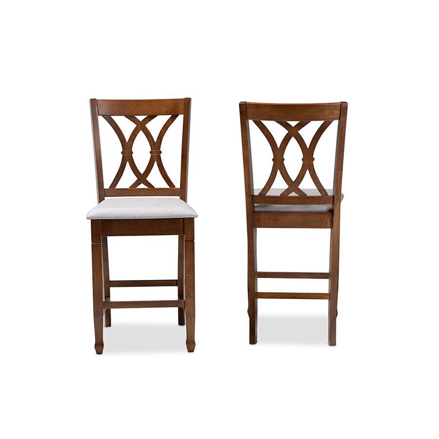 Baxton Studio Reneau Modern and Contemporary Grey Fabric Upholstered Walnut Brown Finished 2-Piece Wood Counter Height Pub Chair Set  Set. Picture 2