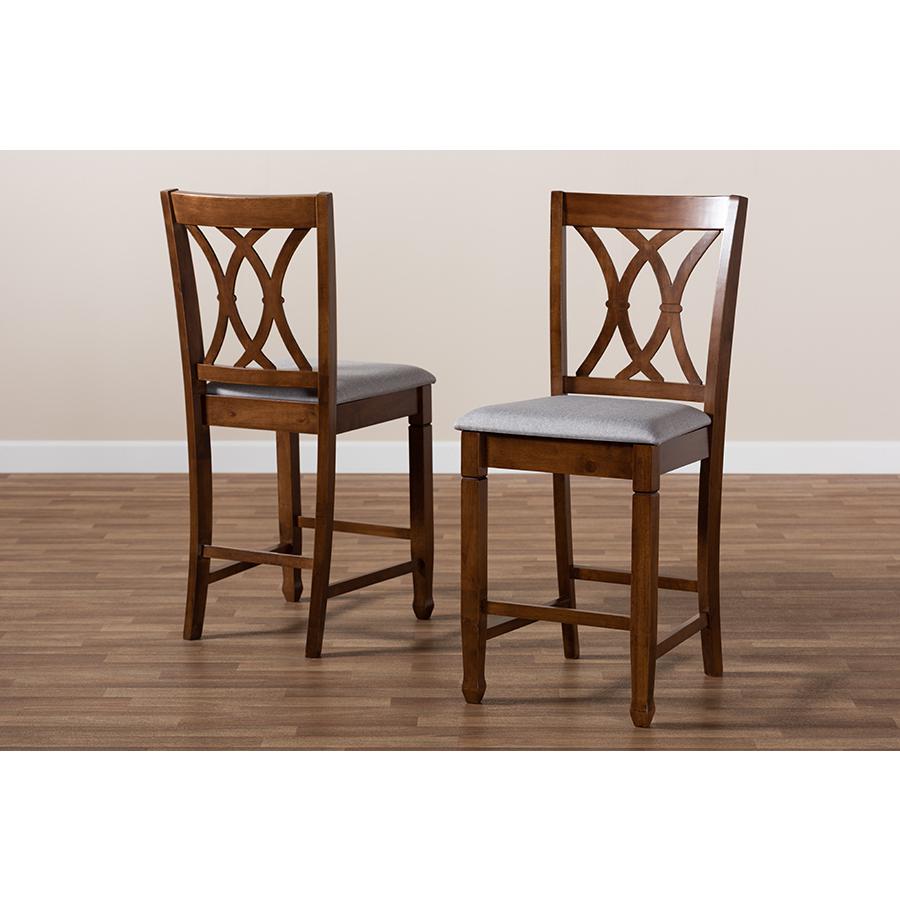 Baxton Studio Reneau Modern and Contemporary Grey Fabric Upholstered Walnut Brown Finished 2-Piece Wood Counter Height Pub Chair Set  Set. Picture 7
