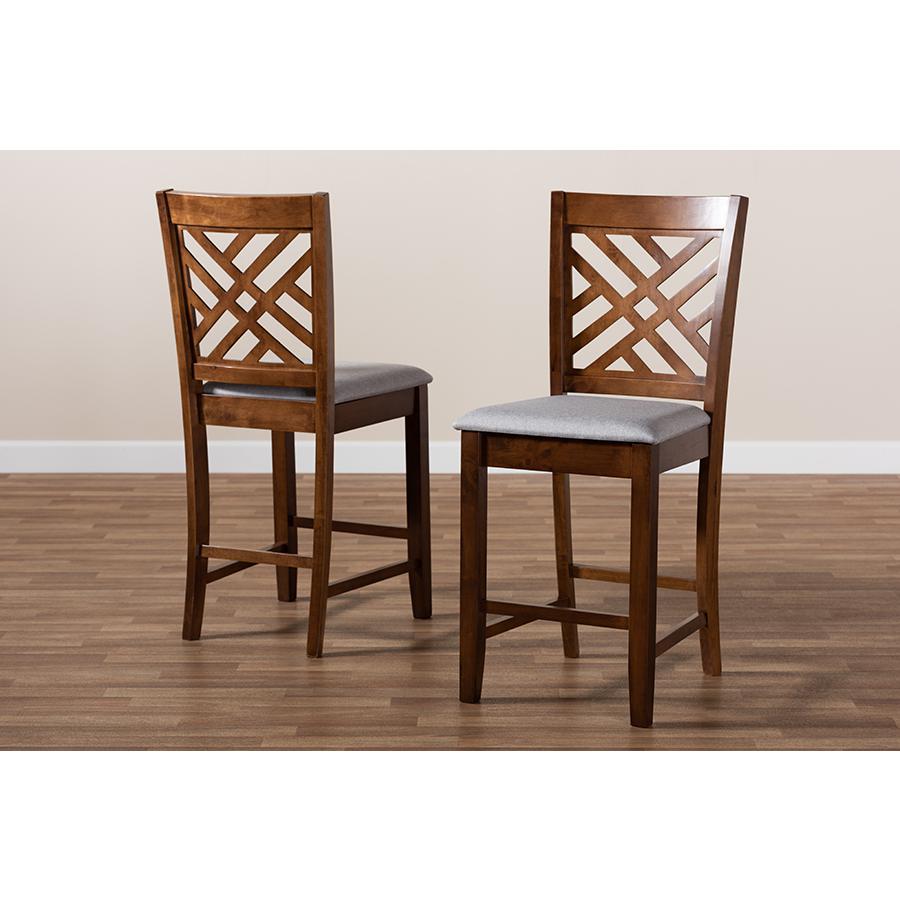 Baxton Studio Caron Modern and Contemporary Grey Fabric Upholstered Walnut Brown Finished 2-Piece Wood Counter Height Pub Chair Set Set. Picture 7