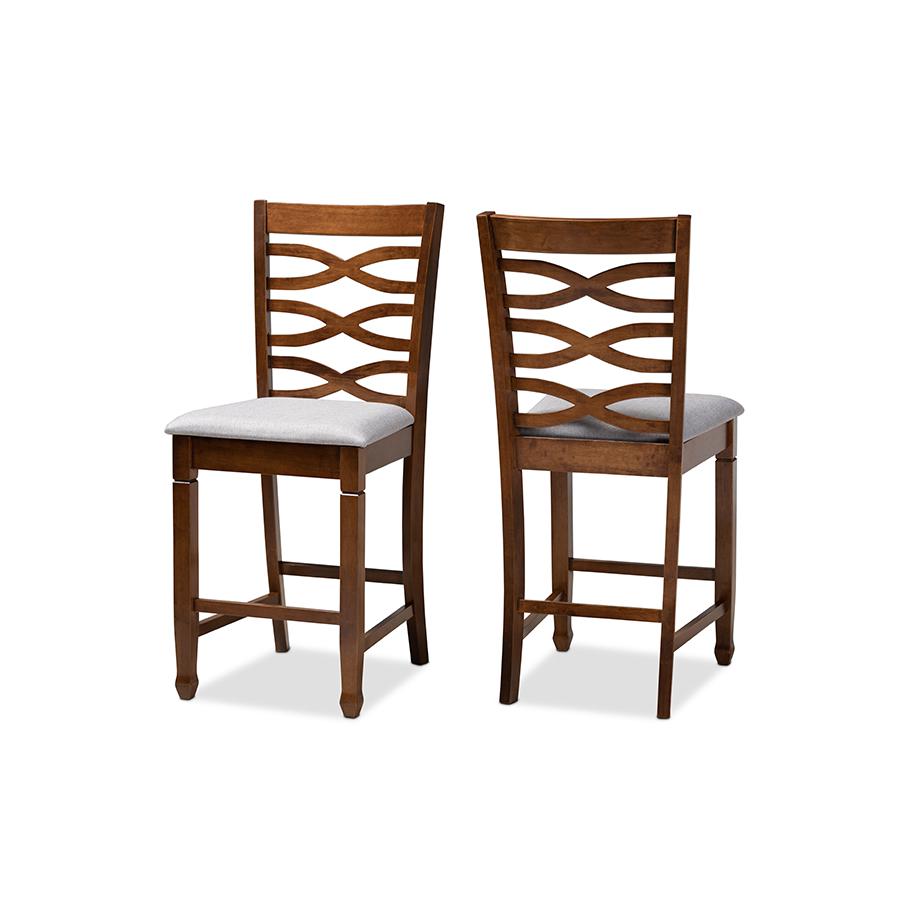 Baxton Studio Lanier Modern and Contemporary Grey Fabric Upholstered Walnut Brown Finished 2-Piece Wood Counter Height Pub Chair Set Set. Picture 1