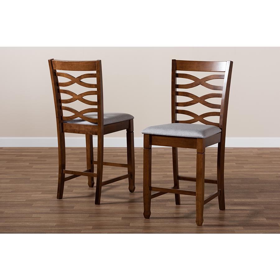Baxton Studio Lanier Modern and Contemporary Grey Fabric Upholstered Walnut Brown Finished 2-Piece Wood Counter Height Pub Chair Set Set. Picture 7