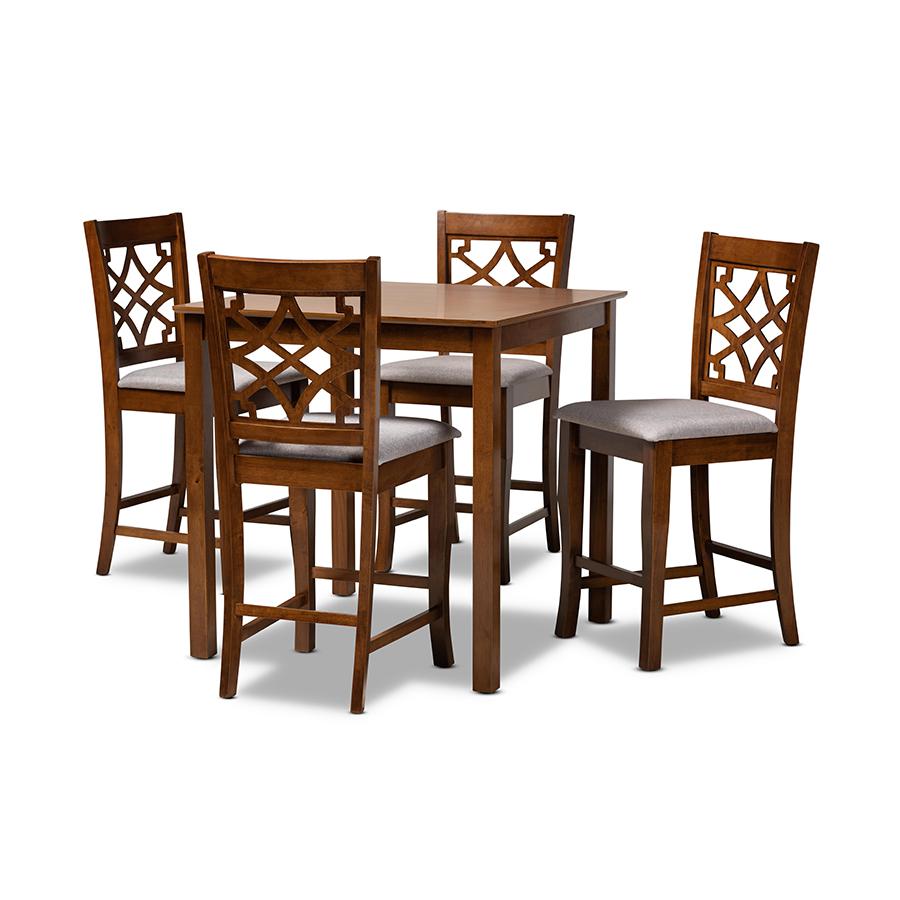 Grey Fabric Upholstered Walnut Brown Finished Wood 5-Piece Pub Set. Picture 1