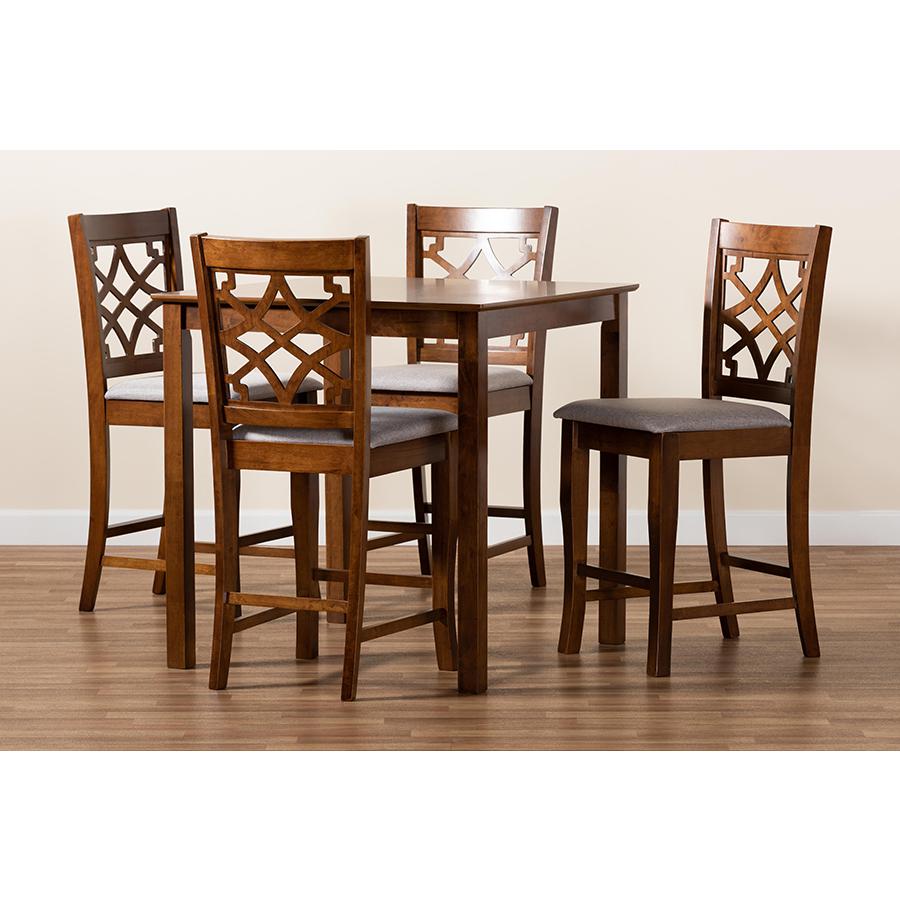 Grey Fabric Upholstered Walnut Brown Finished Wood 5-Piece Pub Set. Picture 8