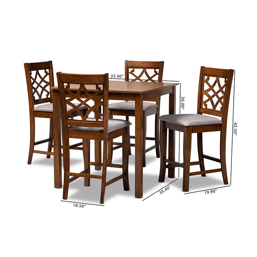 Grey Fabric Upholstered Walnut Brown Finished Wood 5-Piece Pub Set. Picture 9