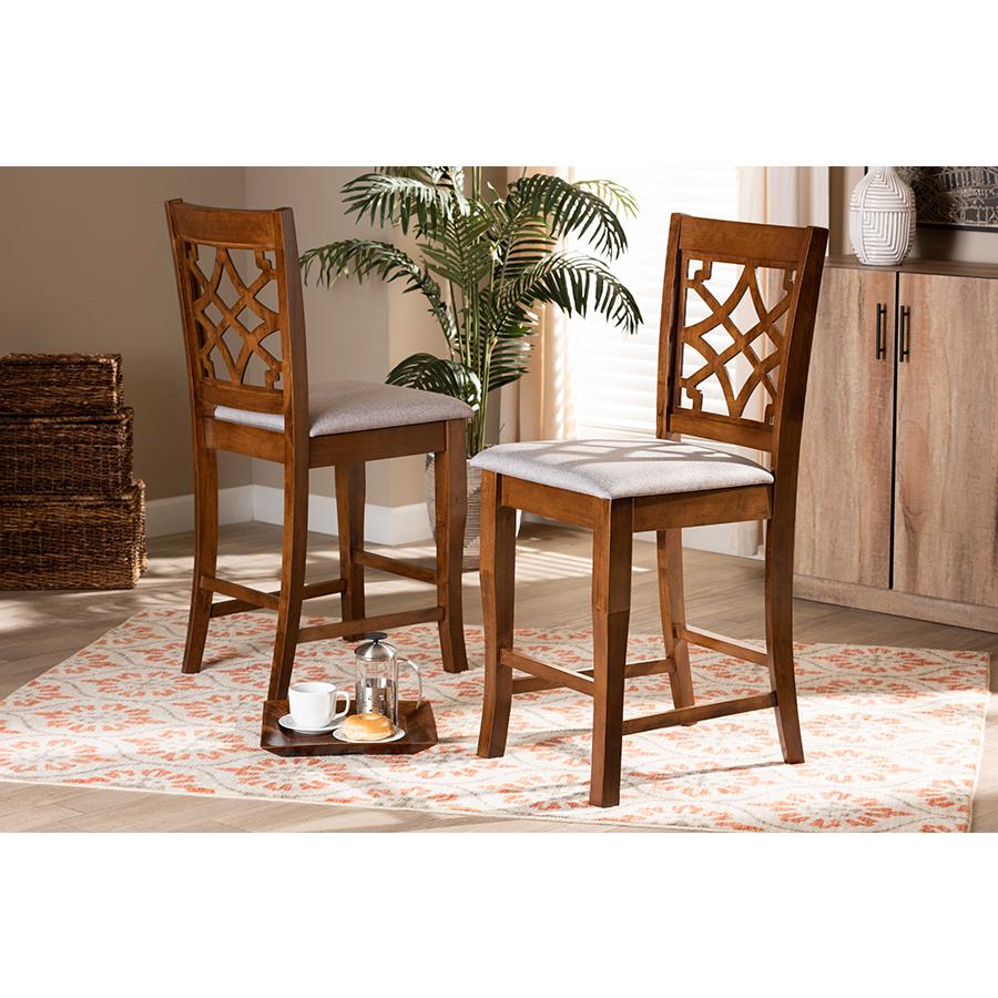Grey Fabric Upholstered and Walnut Brown Finished Wood 2-Piece Counter Stool Set. Picture 6