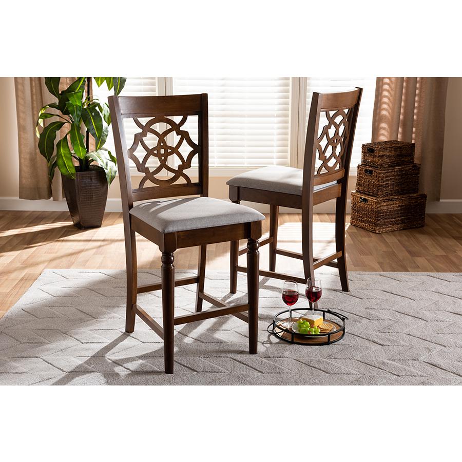 Baxton Studio Oscar Modern and Contemporary Grey Fabric Upholstered and Walnut Brown Finished Wood 2-Piece Counter Height Pub Chair Set. The main picture.