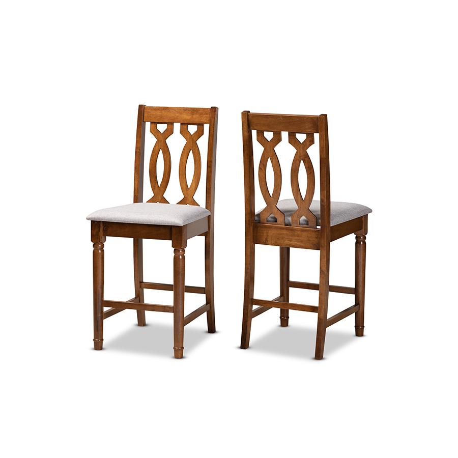 Grey Fabric Upholstered and Walnut Brown Finished Wood 2-Piece Counter Stool Set. Picture 1