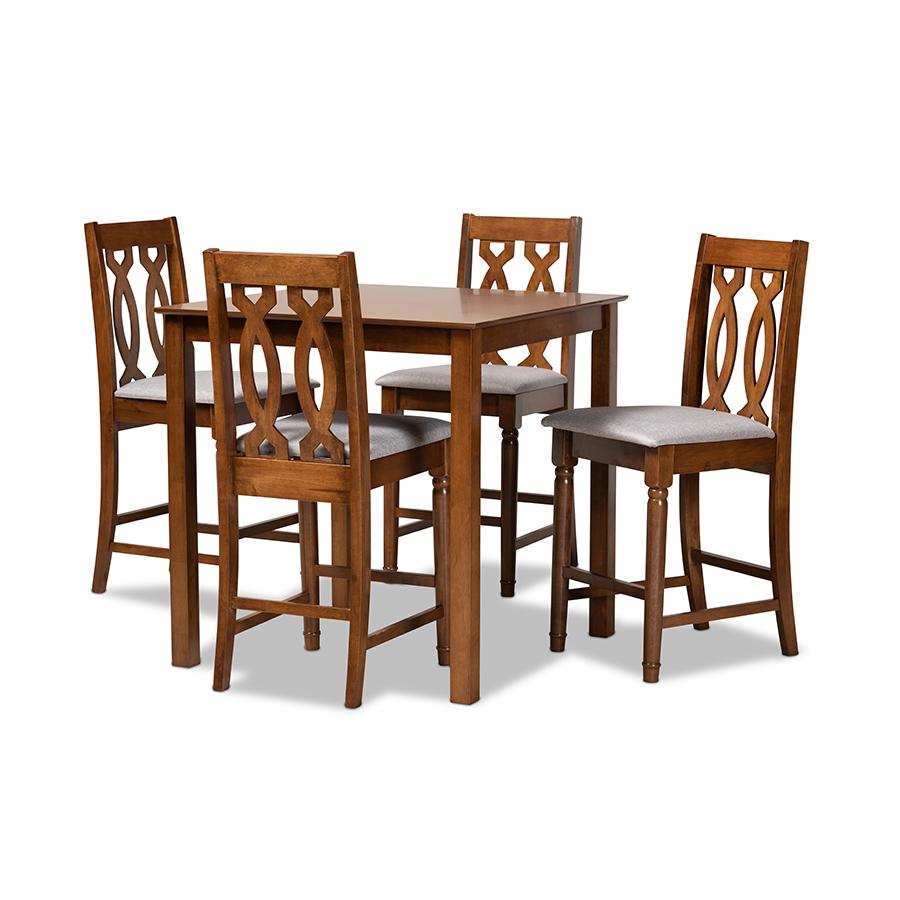 Grey Fabric Upholstered and Walnut Brown Finished Wood 5-Piece Pub Set. Picture 1
