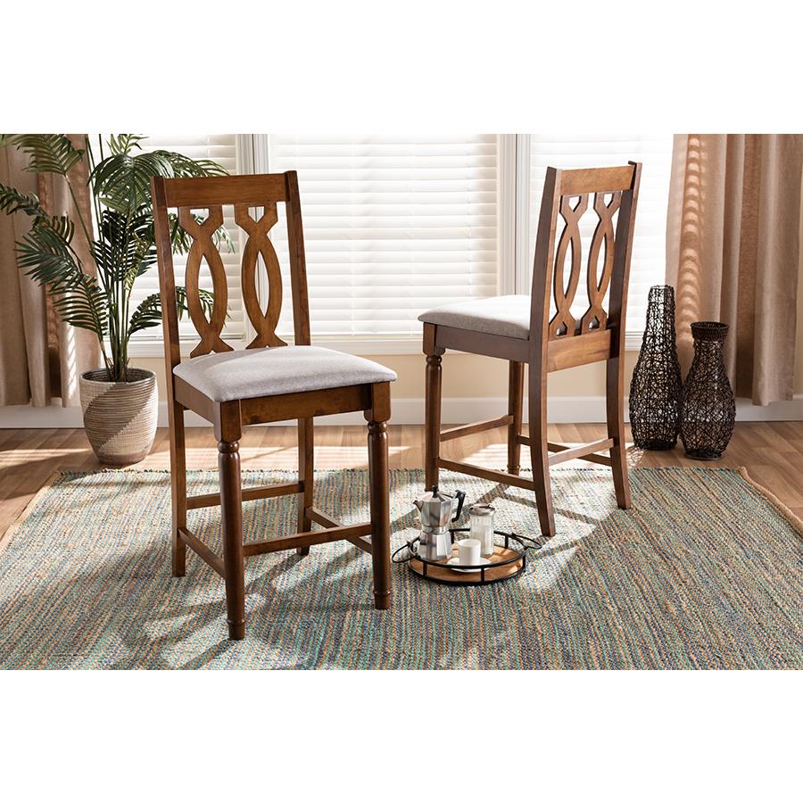 Grey Fabric Upholstered and Walnut Brown Finished Wood 2-Piece Counter Stool Set. Picture 6