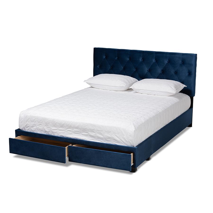 Baxton Studio Caronia Modern and Contemporary Navy Blue Velvet Fabric Upholstered 2-Drawer Queen Size Platform Storage Bed. Picture 2