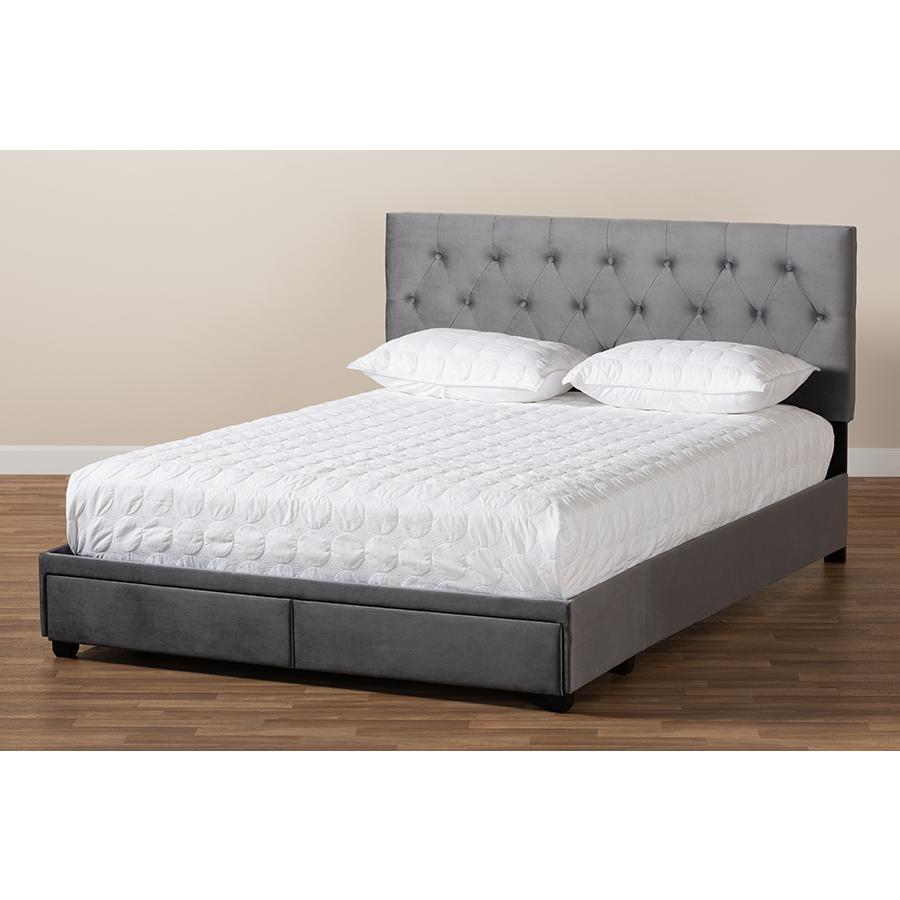 Grey Velvet Fabric Upholstered 2-Drawer Queen Size Platform Storage Bed. Picture 10